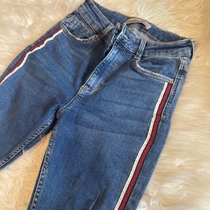 High Waisted Blue Jeans with Red & White Shimmery Stripes